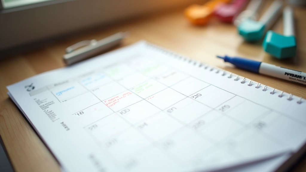 Kalender met gekleurde markeringen op een bureau, pen ernaast, planningsnotitieboek