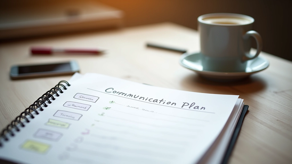 Communicatieplan template, notitieblok met strategiestappen, schrijven van berichten