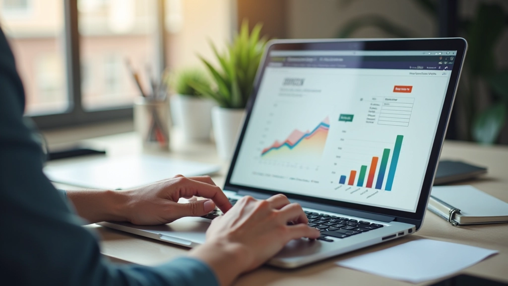 Laptopscherm met spreadsheet en grafiek, iemand typt op toetsenbord, moderne werkplek