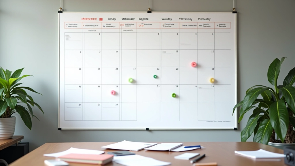 Kalender met kleurgecodeerde mijlpalen, planning op muur, visuele doelplanning