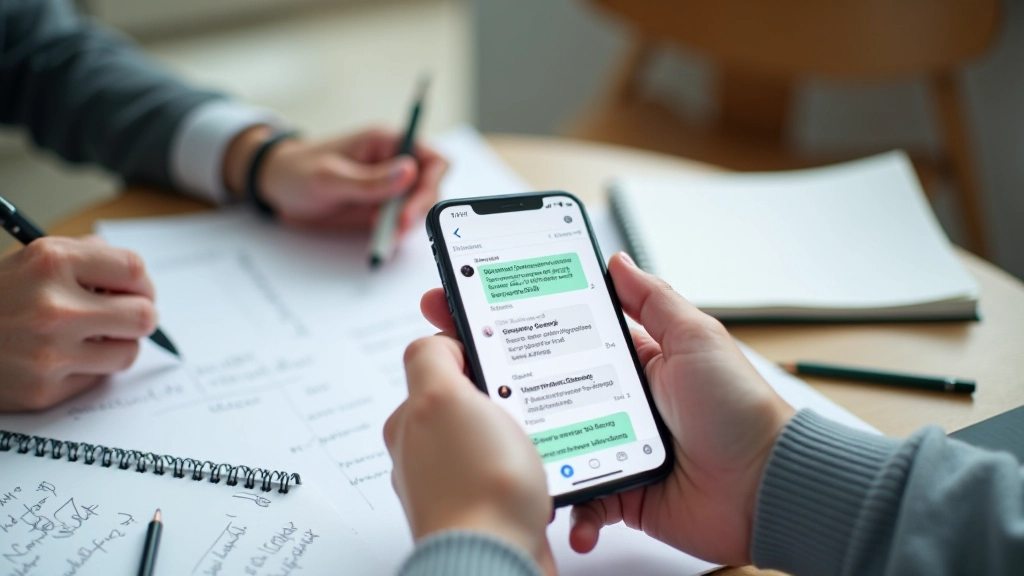 Mobiele telefoon met chatberichten, notitieblokken met handgeschreven plannen, diverse achtergrond