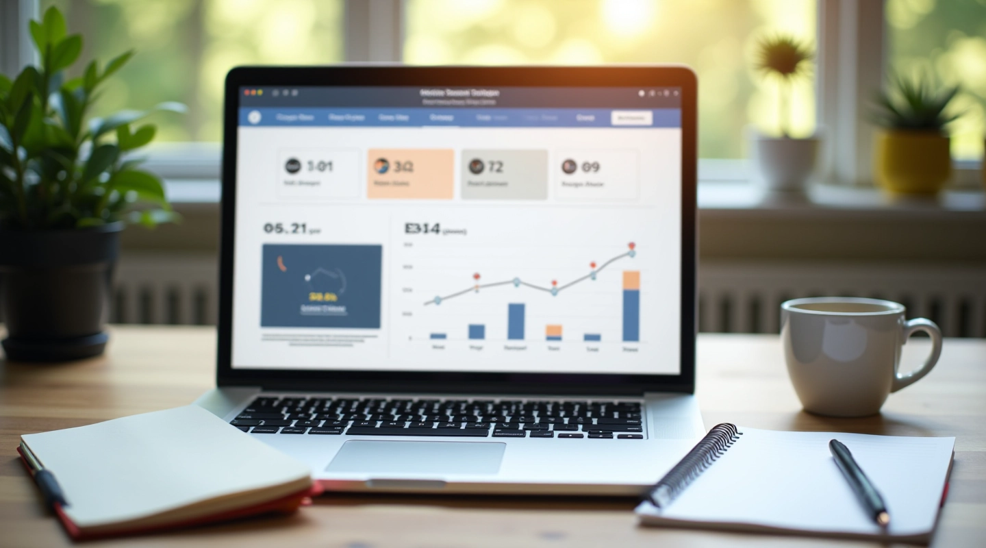 Moderne crowdfunding dashboard met grafieken en voortgangsindicatoren, bureauopstelling met laptop en notitieboekje