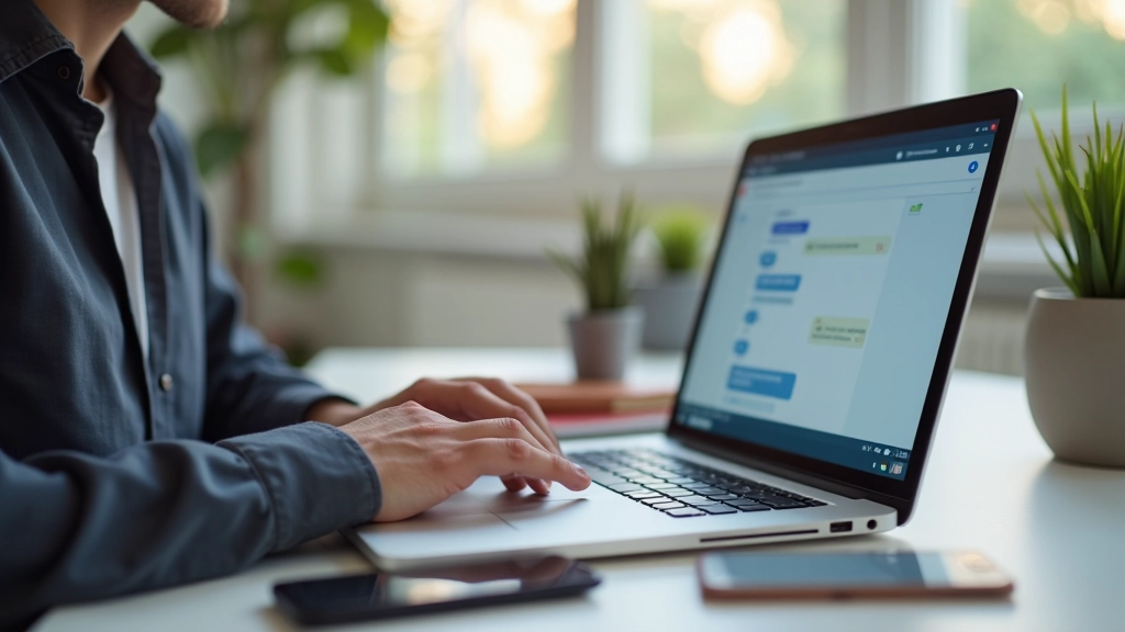 Persoon typt op laptop met chat-venster open, smartphone op bureau, communicatie setup, kantoor omgeving