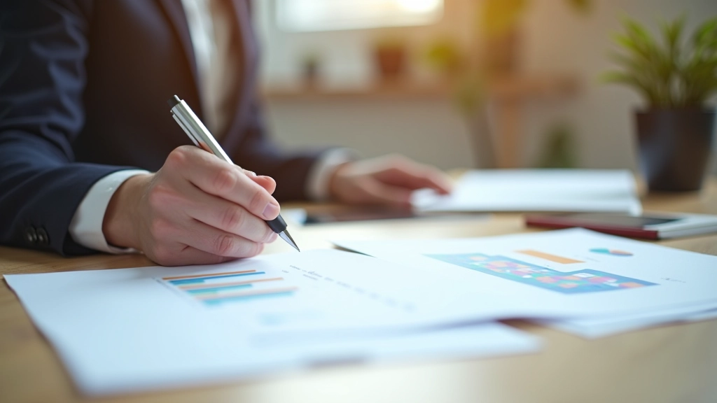 Projectmanager kijkt naar stapel notities en schema's op bureau, felgelicht kantoor, focus op documenten