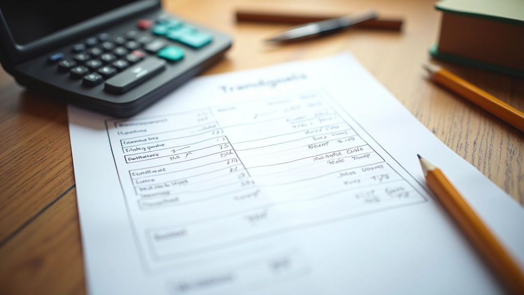 Spreadsheet op papier met handgeschreven notities en kleurpotloden, calculator en pen ernaast op bureau