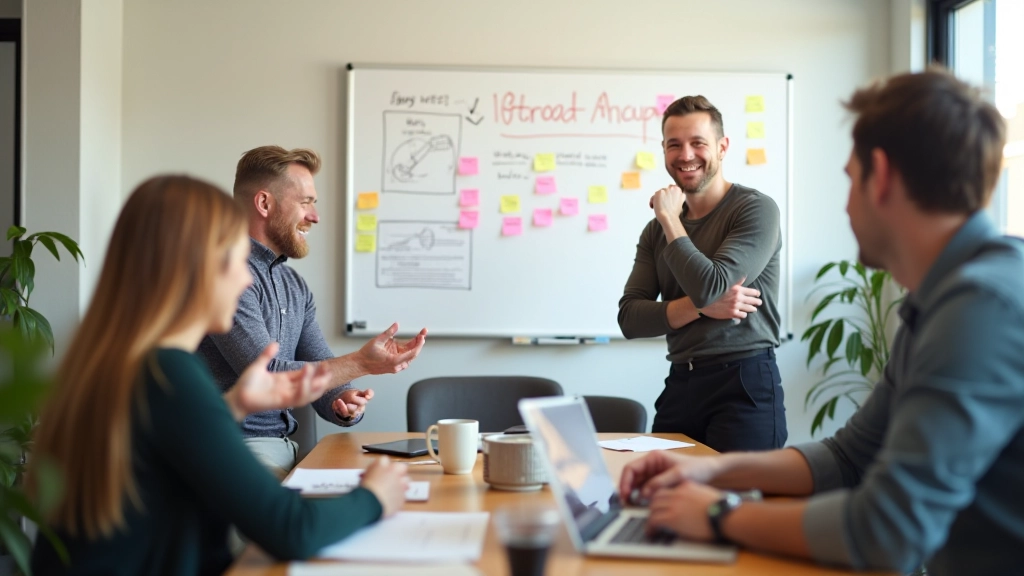 Brainstormingssessie met flipchart, post-its op muur, teamwerk en planning in actie, moderne werkruimte
