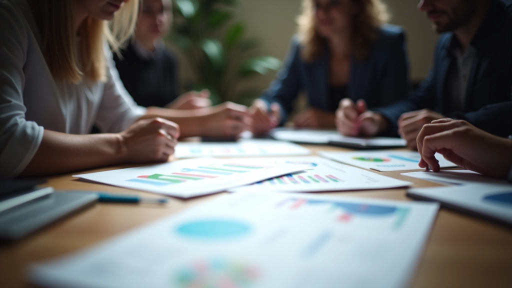 Teamvergadering met grafieken op papier, diverse groep mensen rond tafel, notitieblokken