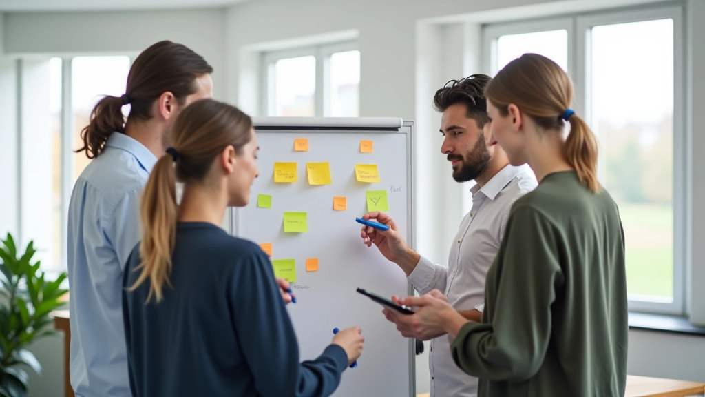 Team dat samenwerkend aan whiteboard doelen en mijlpalen uitzet, brainstorm-sessie in modern kantoor