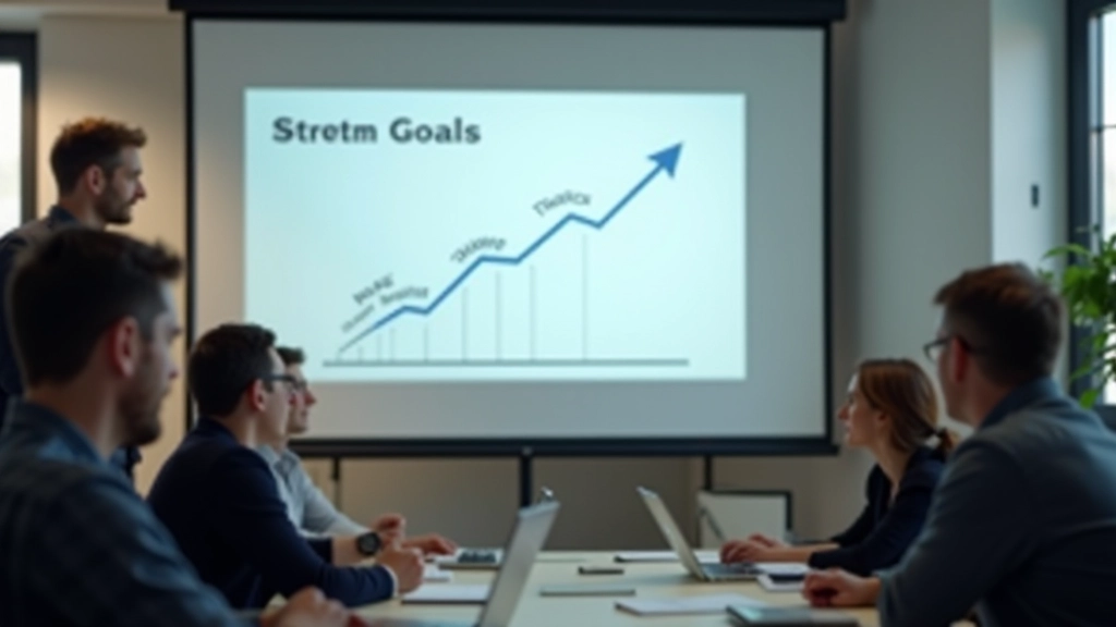 Teamvergadering met slides op scherm, doelstellingen presentatie, groepsdiscussie