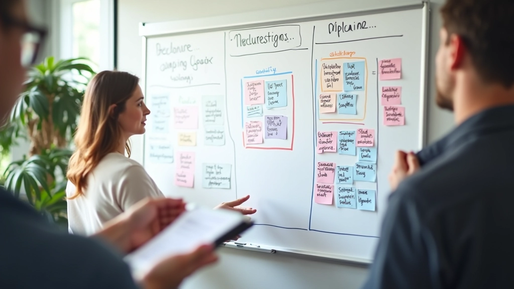 Whiteboard met drie kolommen en mindmap-structuur, kleurrijke markers, brainstormsessie, overhead perspectief