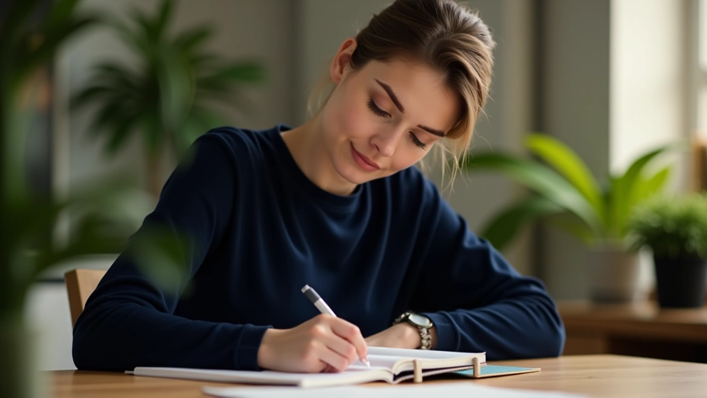 Persoon die notities maakt in notitieboek, duidelijk uitgewerkte doelen en actiestappen, warme werkplek